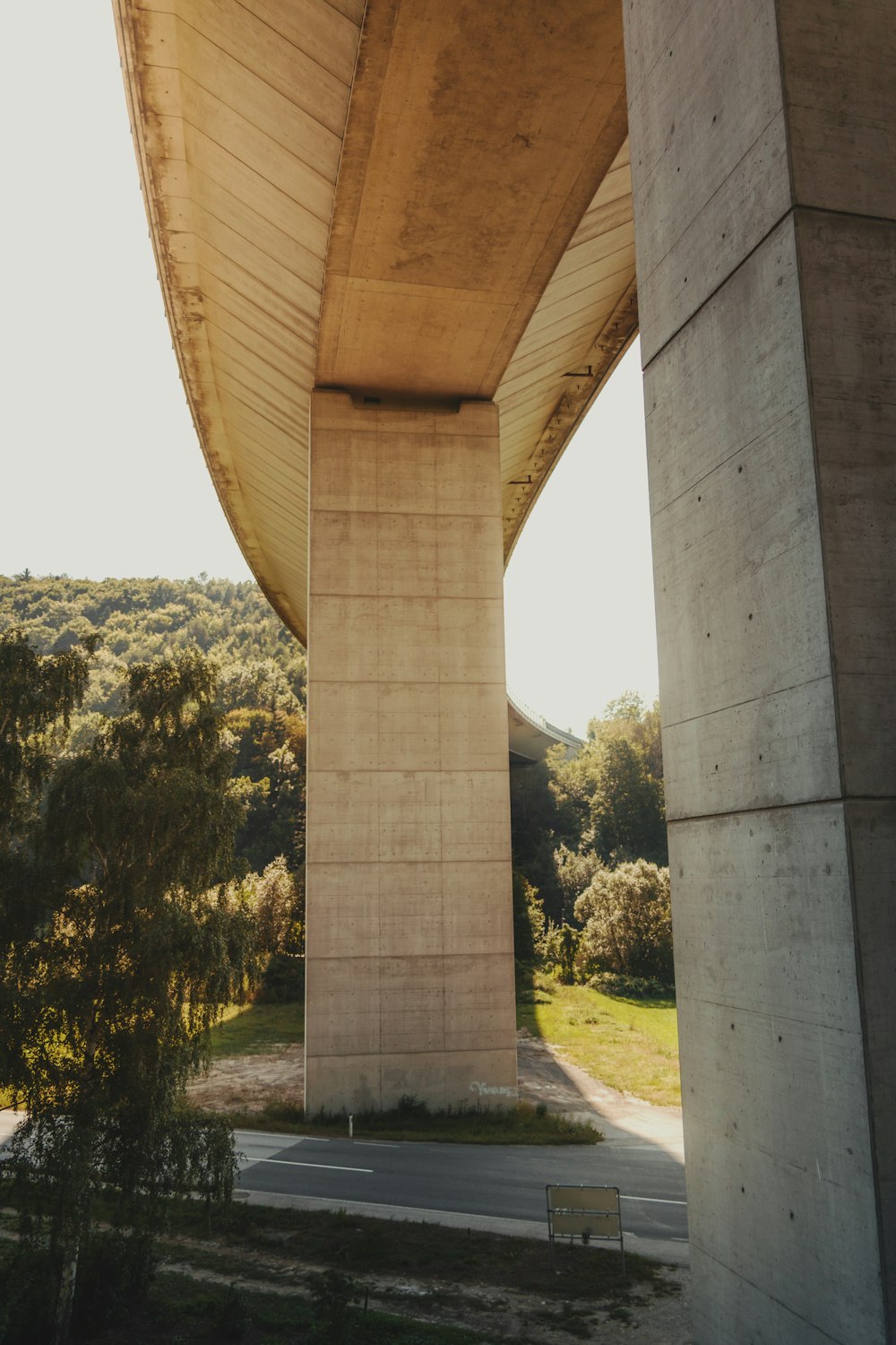 a view of the underside of a bridge