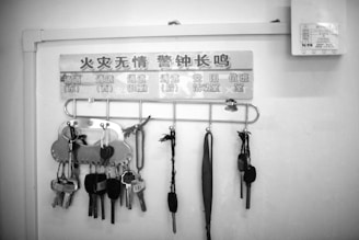 A neat arrangement of yellow and black keychains hanging on a minimalist rack.