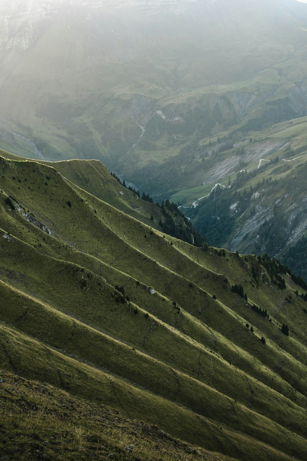 a grassy hill with mountains in the background