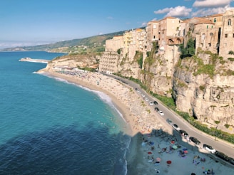 an aerial view of a beach with a cliff in the background