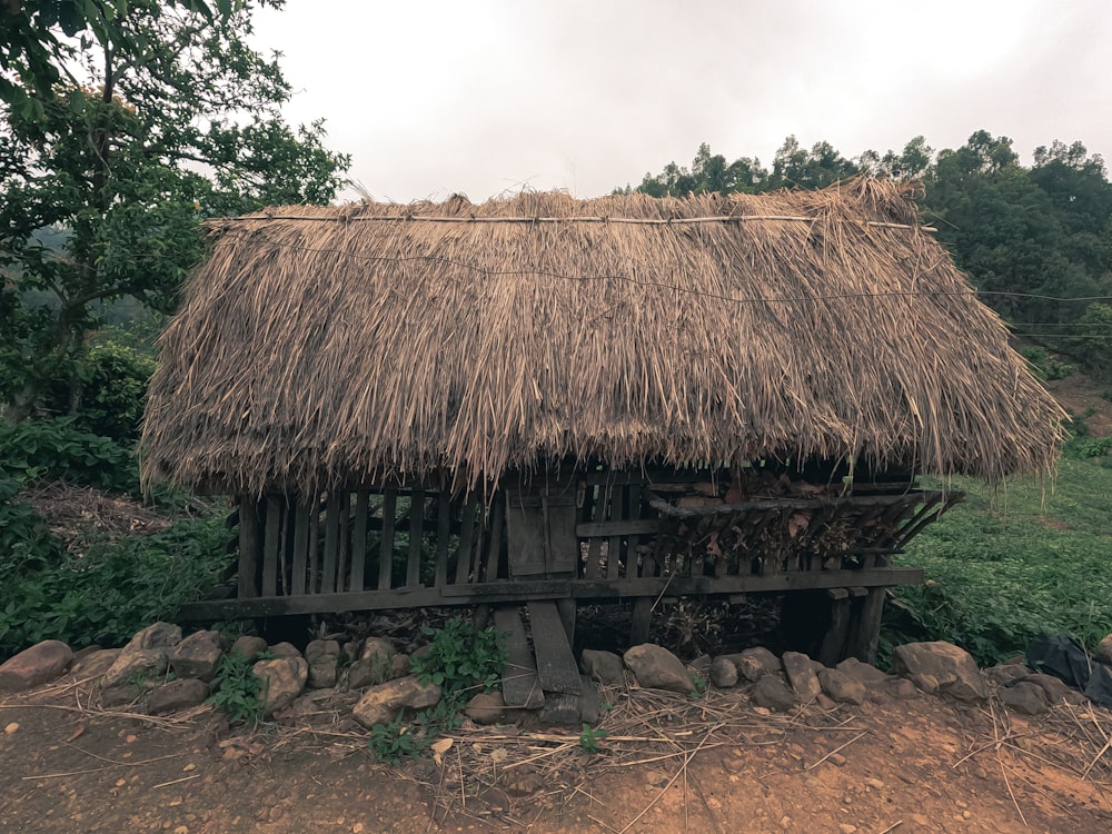 a hut with a thatched roof and a stone wall