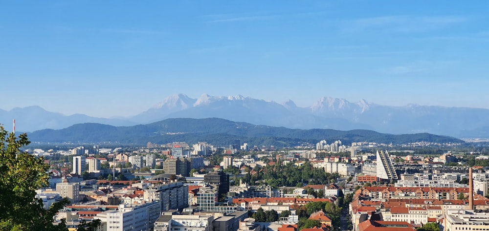 Blick auf eine Stadt mit Bergen im Hintergrund