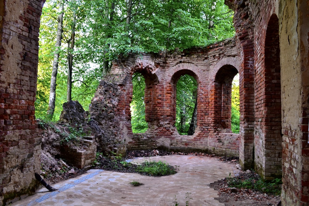 the ruins of a building in the woods