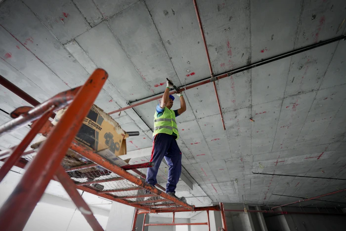 Technician on a ladder servicing a ceiling fixture