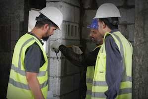 Three construction workers in high-visibility vests and hard hats measuring a concrete block wall
