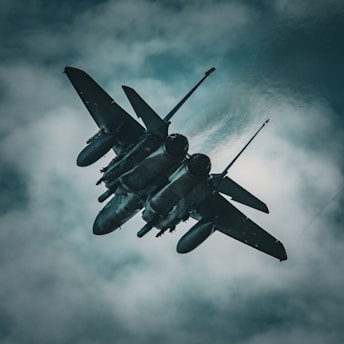 A military fighter jet soars through a cloudy sky, showcasing its sleek design and power. The aircraft is angled sharply, emphasizing its aerodynamic shape against the backdrop of ominous gray clouds.