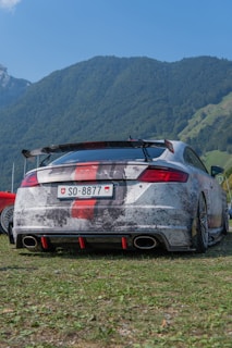 A modified sports car is parked on a grassy area with a backdrop of lush green mountains. The car features a custom paint job with a red stripe, a large rear spoiler, and quad exhausts.