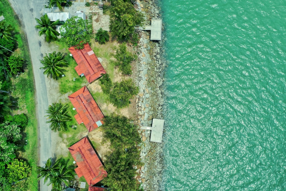 a bird's eye view of a beach and a house