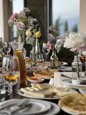 An elegant table setting with various dishes displayed.