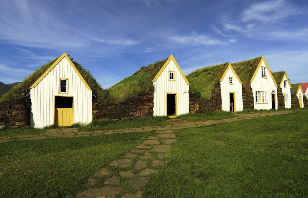 a row of white houses with grass roofs
