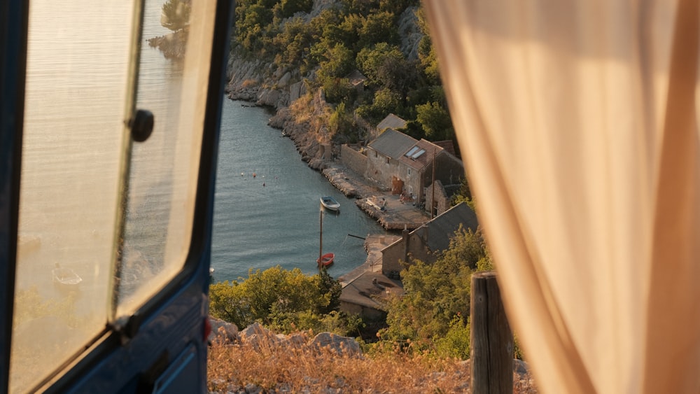 a view of a body of water from a window