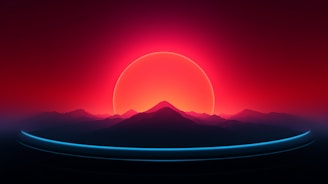A glowing synthwave sunset over a grid horizon with pulsating colors.
