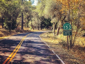 A winding road curves through a forested area with dappled sunlight filtering through the dense canopy of trees. The road surface is paved with a double yellow line running down the middle. A road sign on the right reads 'California 153, California's Shortest State Hwy.' The foliage displays hues of green and yellow, suggesting a transition into autumn.