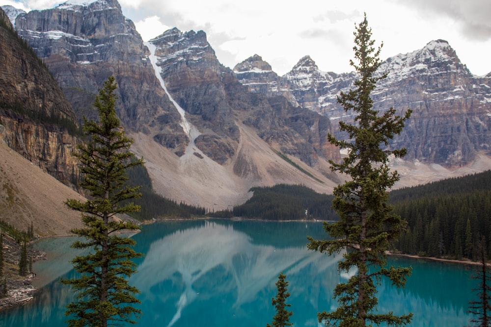 a view of a mountain lake surrounded by trees