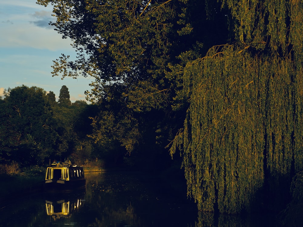 a boat traveling down a river next to a lush green forest