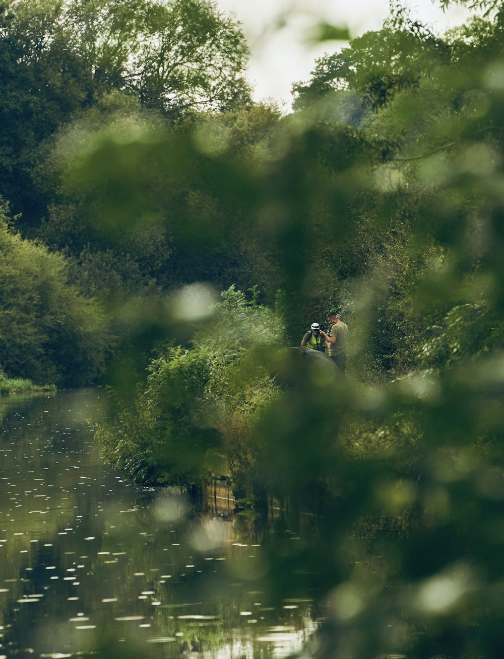 a couple of people standing on top of a lush green field