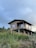 A wooden house on stilts is situated in a lush, green environment. The house has a simple structure and is elevated above the ground, supported by wooden poles. The surrounding area is filled with tall grass, vibrant orange flowers, and dense vegetation. The sky is overcast with a soft, moody light.
