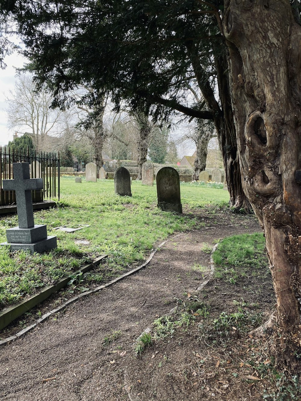 a cemetery with several headstones in the grass