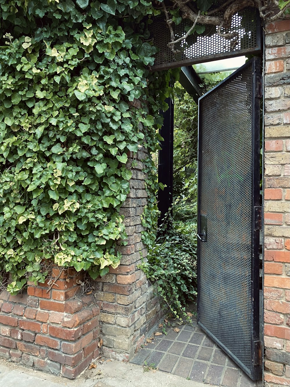 an open door to a brick building with vines growing on it