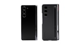 Two smartphones are displayed side by side. The left phone has a sleek, black design with three vertically aligned rear cameras. The right phone also features three cameras and has a case with a slot for a stylus, which is visible along the edge.