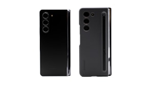 Two smartphones are displayed side by side. The left phone has a sleek, black design with three vertically aligned rear cameras. The right phone also features three cameras and has a case with a slot for a stylus, which is visible along the edge.