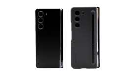 Two smartphones are displayed side by side. The left phone has a sleek, black design with three vertically aligned rear cameras. The right phone also features three cameras and has a case with a slot for a stylus, which is visible along the edge.