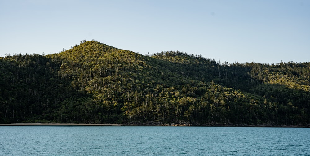 a large body of water with a mountain in the background