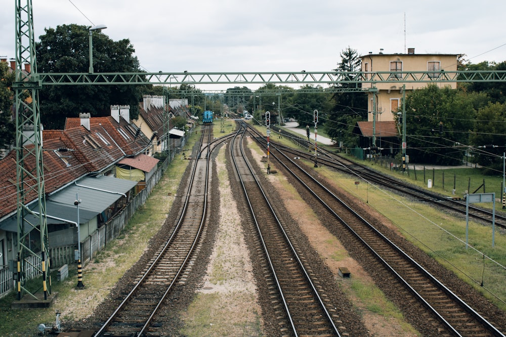 a train yard with several train tracks running parallel to each other