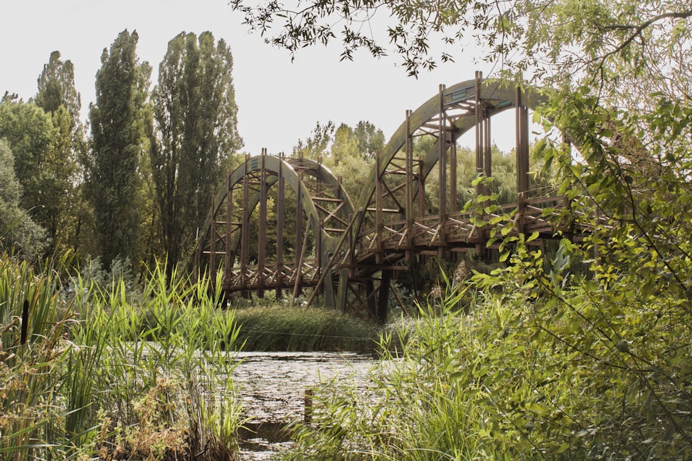 a wooden bridge over a river surrounded by trees