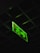 A glowing green emergency exit sign is suspended from a dark ceiling, featuring an illuminated figure and an arrow pointing to the right.