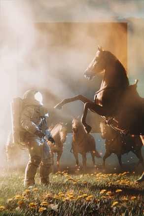 An astronaut stands in a field of yellow flowers, facing a group of rearing horses. Mist and a glowing light create a surreal atmosphere, and there seems to be a large, shadowy rectangular structure behind them.