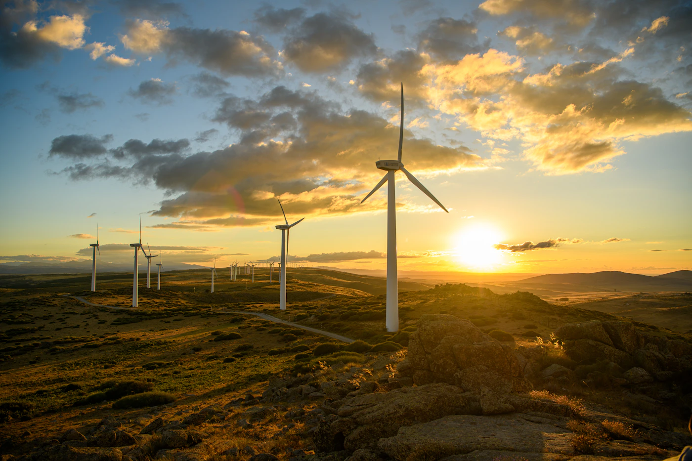 Wind turbines on a rolling hillside at sunset