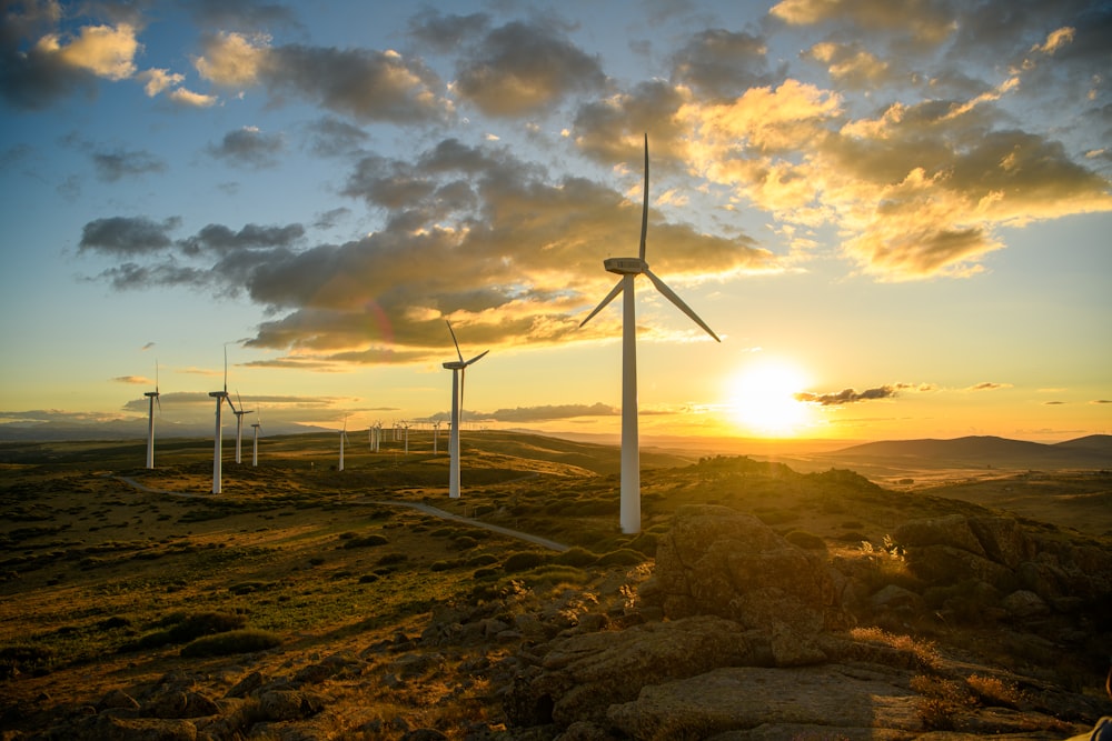 Un groupe de moulins à vent sur une colline au coucher du soleil