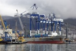 A large cargo ship docked at a port with several towering blue and white gantry cranes surrounding it. The ship is loaded with colorful shipping containers. In the foreground, a small yellow tugboat is assisting in docking. A hazy mountain range can be seen in the background under a cloudy sky.