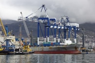 A large cargo ship docked at a port with several towering blue and white gantry cranes surrounding it. The ship is loaded with colorful shipping containers. In the foreground, a small yellow tugboat is assisting in docking. A hazy mountain range can be seen in the background under a cloudy sky.