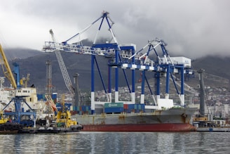 A large cargo ship docked at a port with several towering blue and white gantry cranes surrounding it. The ship is loaded with colorful shipping containers. In the foreground, a small yellow tugboat is assisting in docking. A hazy mountain range can be seen in the background under a cloudy sky.