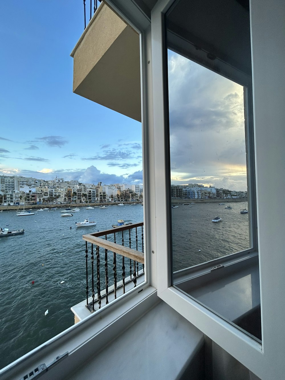 a view of a harbor from a window