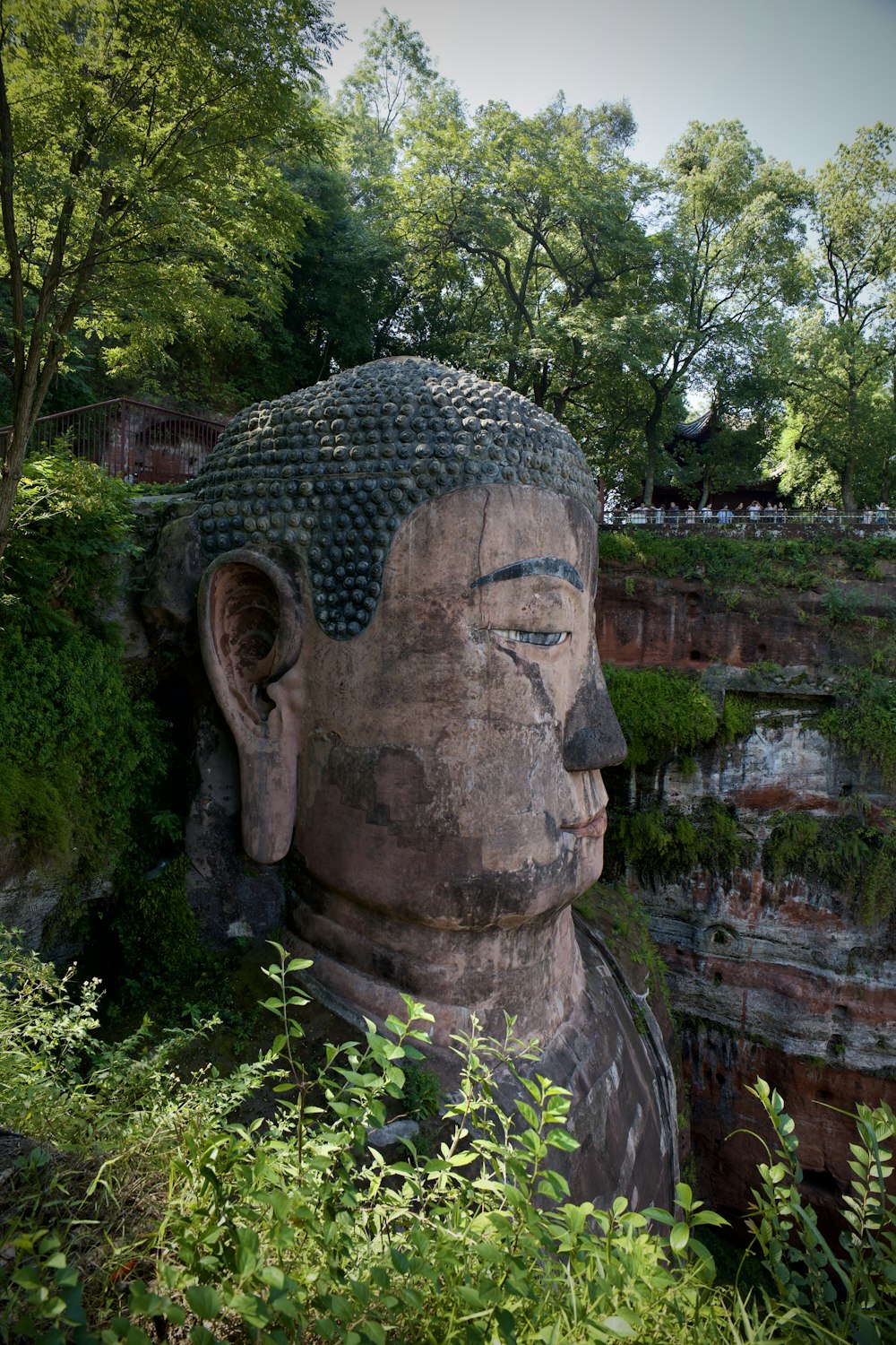 a large buddha statue sitting in the middle of a forest