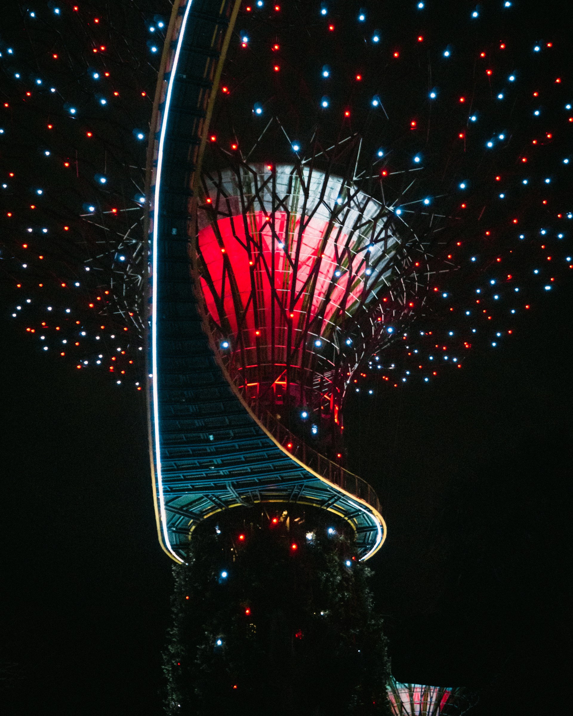 a ferris wheel lit up with red and blue lights