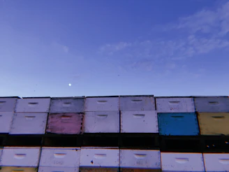 Rustic wooden hive boxes stacked neatly with a backdrop of soft cream-colored sky at dawn.