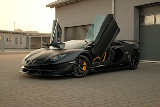 a black sports car parked in front of a garage