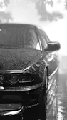 A matte black car parked beside a misty Kerala backwater at dawn.