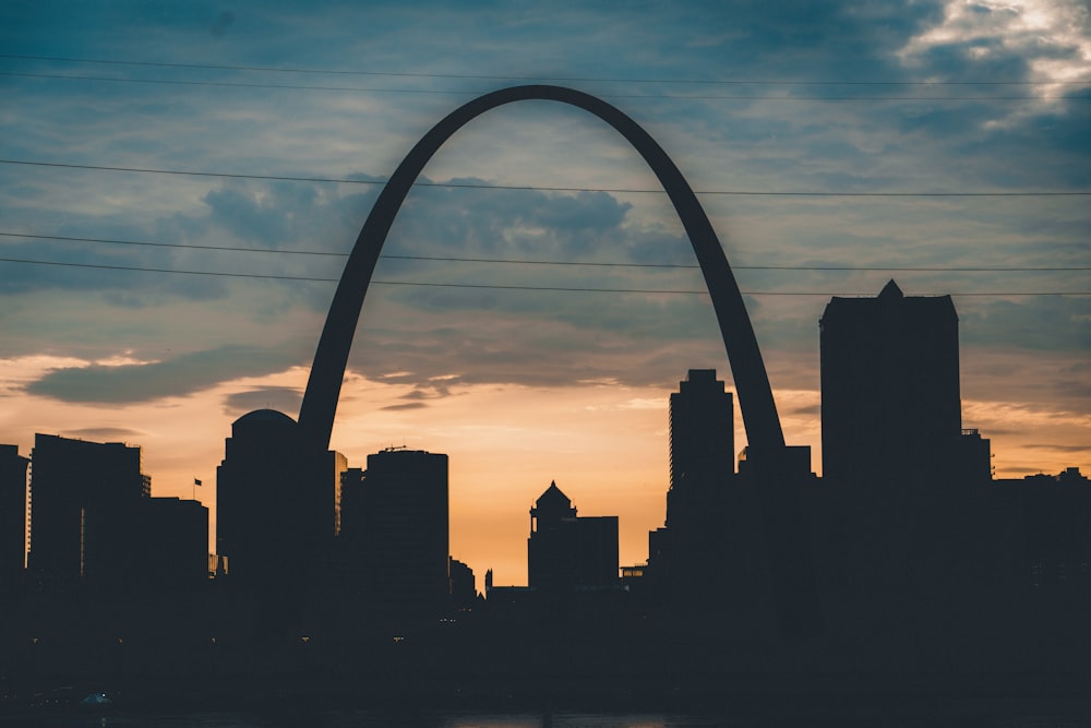 a view of the st louis skyline at sunset