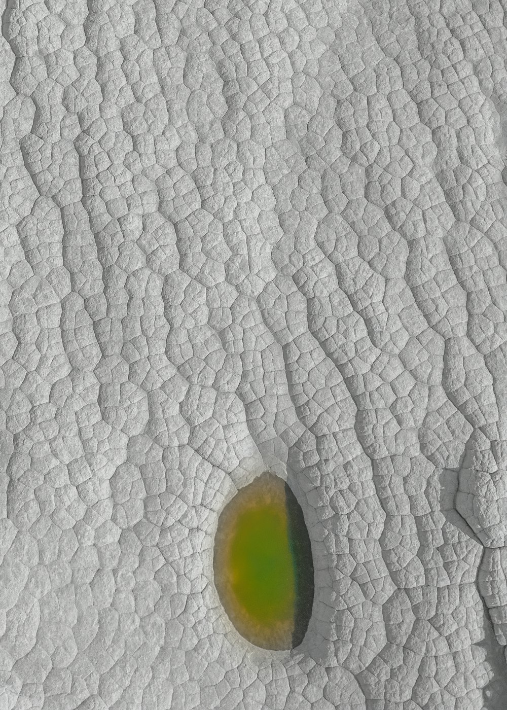 an aerial view of a green object in the snow