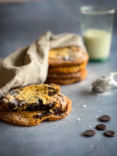 chocolate chip cookies and a glass of milk