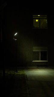 A quiet street scene at night, illuminated only by a single flickering streetlamp.