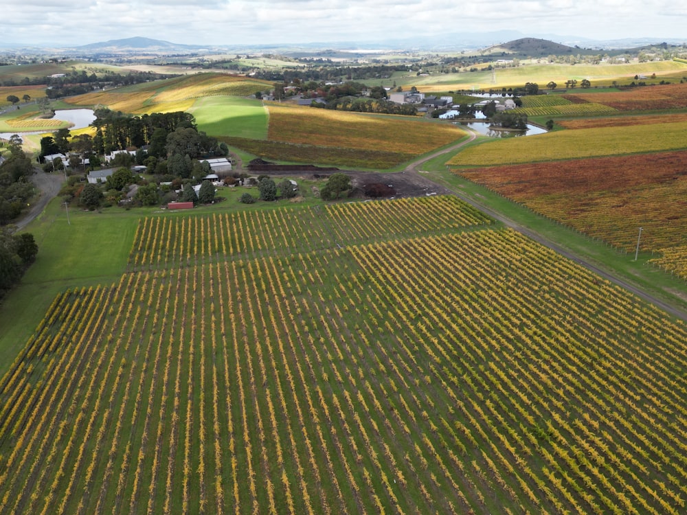 an aerial view of a farm in the country