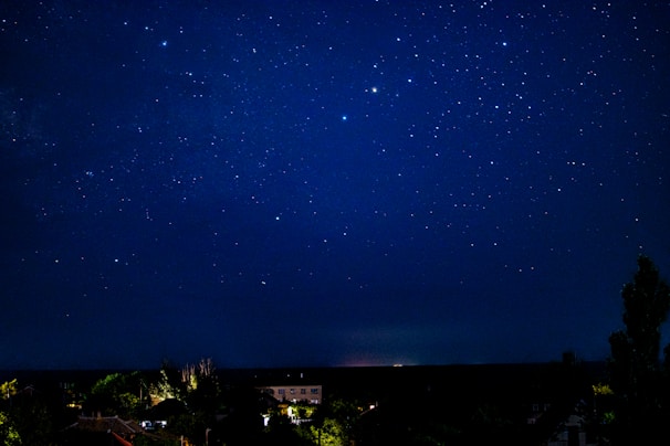 A starry night sky with constellation lines softly glowing above a quiet landscape.