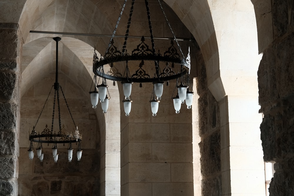 a chandelier hanging from the ceiling of a building