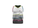 A sleeveless sports jersey with a modern design. The jersey features a pixelated gradient pattern transitioning from white at the top to dark gray at the bottom, accented with bright lines of pink, yellow, and teal. The collar is outlined in black and yellow, and there is a small logo near the upper chest area.